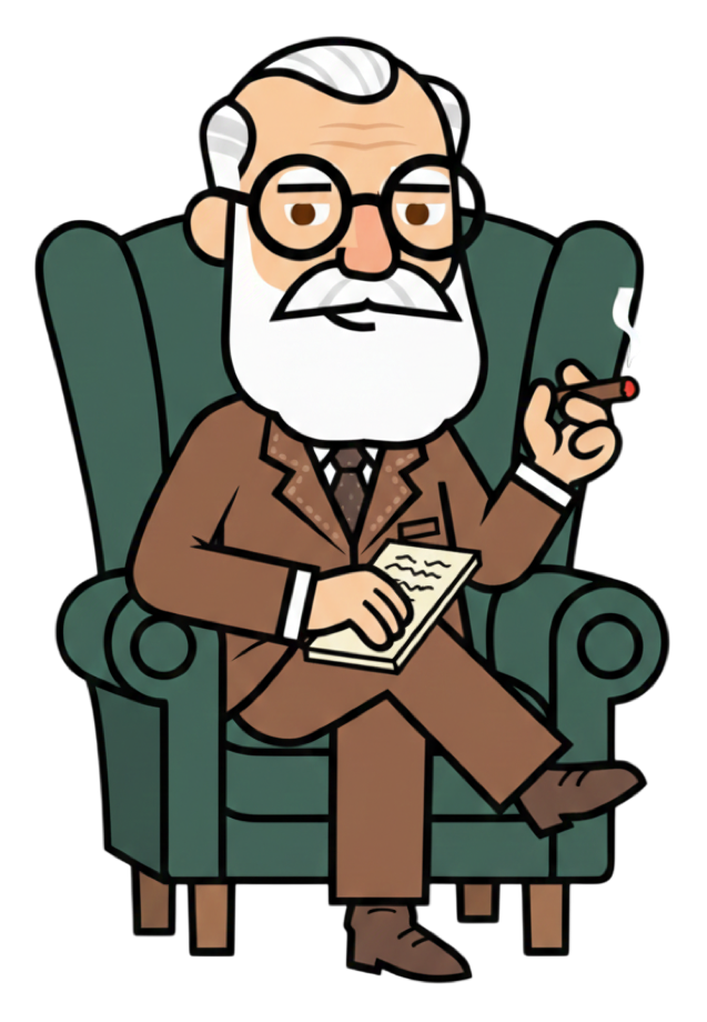 Sigmund — a friendly Freud mascot seated in a green armchair, holding a notepad and a cigar.